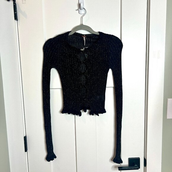 Free People Erica Lurex Metallic Ribbed Black Y2K Coquette Girl Cardigan NWOT XS - Picture 4 of 8